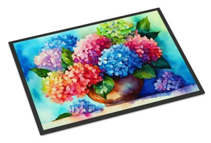 Hydrangeas in Watercolor Doormat Front Door Mat Indoor Outdoor Rugs for Entryway, Non Slip Washable Low Pile, 24H X 36W