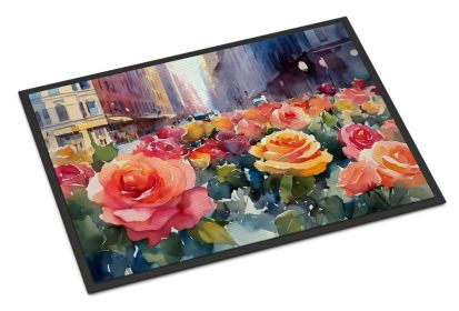 New York Roses in Watercolor Doormat Front Door Mat Indoor Outdoor Rugs for Entryway, Non Slip Washable Low Pile, 24H X 36W