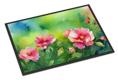 Iowa Wild Prairie Roses in Watercolor Doormat Front Door Mat Indoor Outdoor Rugs for Entryway, Non Slip Washable Low Pile, 24H X 36W