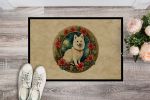 Japanese Spitz Christmas Flowers Doormat Front Door Mat Indoor Outdoor Rugs for Entryway, Non Slip Washable Low Pile, 24H X 36W