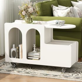Mobile End Table with lockable wheels, Cream Style Side Table with Storage Drawer, 11.8inch Narrow Nightstand with Multi-layer Storage, Living Room (Color: White, Material: MDF)